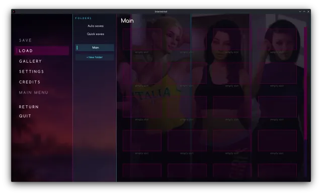 Intertwined game UI design: save folders screen