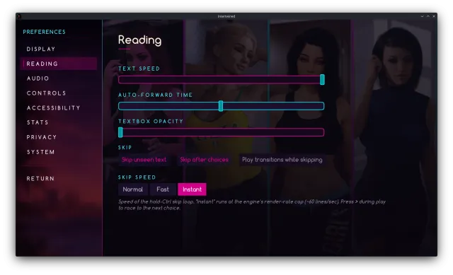 Intertwined game UI design: settings screen